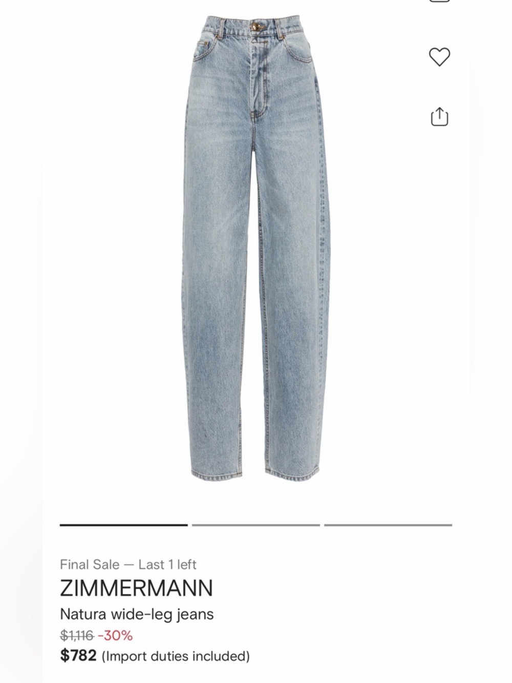 Zimmermann Natura Wide Leg barrel Jeans sz 27 Sea Spray